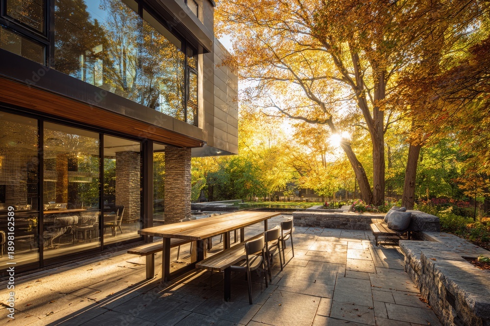 Obraz premium Modern home with large windows and patio dining area, surrounded by lush autumn foliage