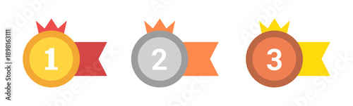 1st 2nd 3rd Place Medals with Ribbon and Crown. Vector Illustration for Sports Awards, Quizzes, and Education Apps