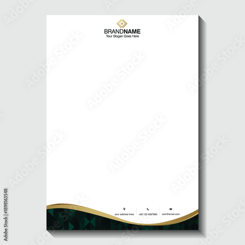 Elegant business letterhead with green and gold design elements