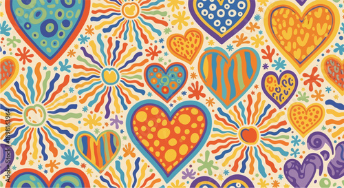 A vibrant and intricate seamless pattern featuring colorful hearts and sun-like shapes with bohemian and psychedelic designs, evoking a joyful and whimsical mood.
