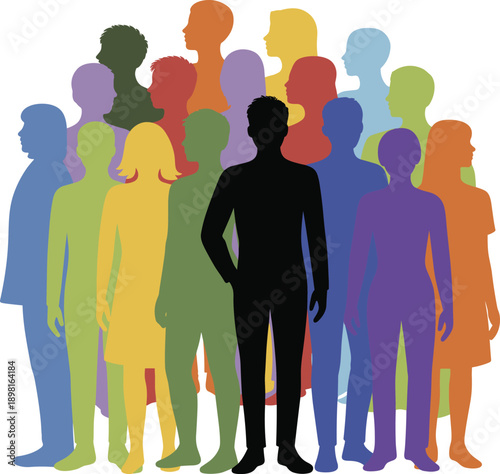 Leader standing before colorful human silhouettes crowd illustration, individuality leadership concept, diverse community people background, modern flat vector design