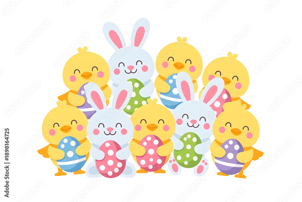 Naklejka premium Cartoon characters celebrating spring holiday with painted eggs