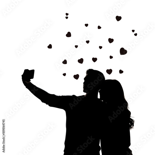 A romantic couple taking a selfie together with hearts floating above