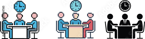 Pixel art business meeting illustration set, office team discussion at table, corporate collaboration concept, time management theme, retro flat vector icons