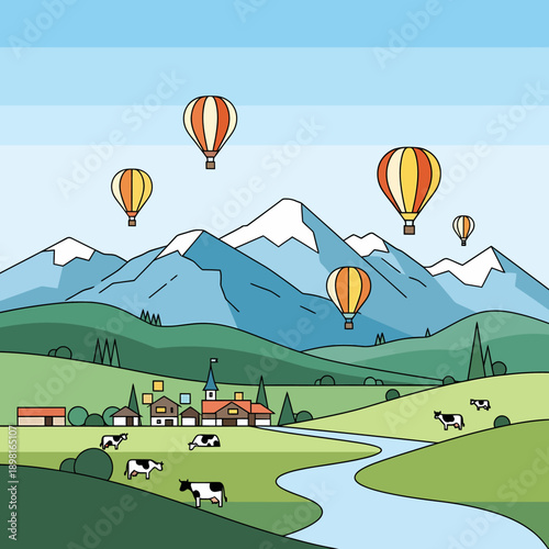 A charming cartoon illustration of a picturesque alpine landscape with hot air balloons, a village, cows, and a winding river.