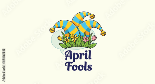 April Fool's Day Graphic Featuring a Colorful Jester Hat in a Flower Bed with Tulips and Daisies on a Cream Background for Fun Holiday Greeting Card Design.