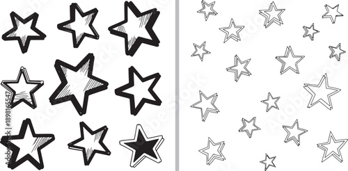 A diverse collection of hand-drawn vector stars and light bursts. Includes minimalist black outlines, bold graffiti-style drips, intricate patterns, and vibrant red sunbursts and star shapes.