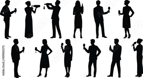 Wine,people,silhouette,drinking,toast,celebration,party,men,women,alcohol,glass,bottle,bar,event,vector,illustration,isolated,white,background,flat
