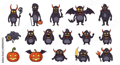 A collection of cute, cartoonish monsters and Halloween-themed elements, including pumpkins and spooky creatures with horns and wings.