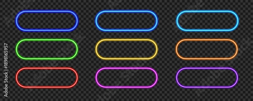 Colorful neon button set. Glowing vector frames with transparency collection.