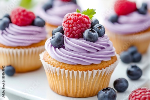 Cupcakes with purple frosting and fresh berries