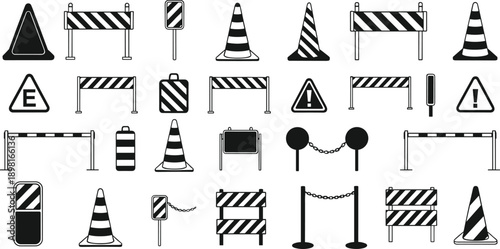 Road Construction and Traffic Safety Silhouette Vector Illustration Set with Barriers, Warning Signs, Cones, Fences, and Restricted Area Symbols for Urban Design