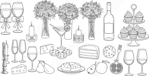 Romantic Dinner and Celebration Elements Line Art Vector Set with Wine Glasses, Flowers, Candles, Desserts, Cheese, and Elegant Party Table Items