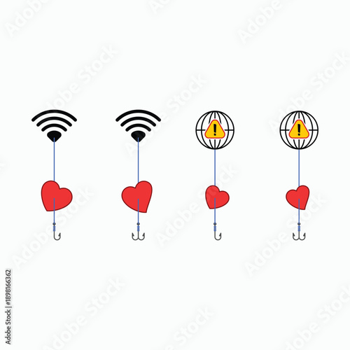 a metaphor for being "fished" or trapped for love online, often associated with online dating scams or internet addiction. EPS. 10.