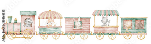 Wallpaper Mural Animals riding a train watercolor illustration in pastel colors. Cute transport for baby shower invitations, children party greeting cads, nursery posters and amusement park compositions. Torontodigital.ca