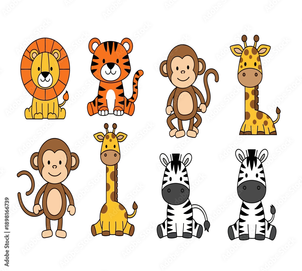 Fototapeta premium Cute Jungle Safari Animal Clipart Set for Kids Design 