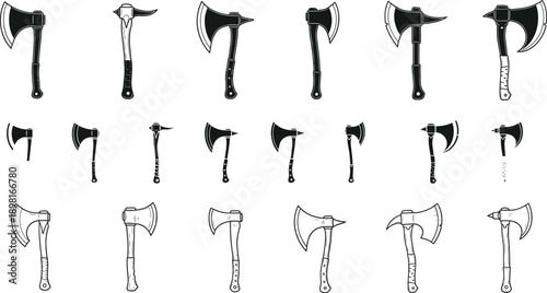 Battle Axe and Hatchet Vector Illustration Set with Medieval, Viking, and Fantasy Axes in Hand Drawn Line Art Style for Weapon and Game Designs
