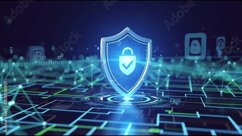 Cybersecurity shield protecting network with padlock and checkmark