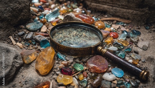 A magnifying glass rests above a bed of colorful jewels and stones