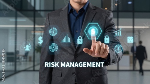 Risk Management Solutions: Businessman Interacting with Virtual Interface for Financial Security and Strategic Planning