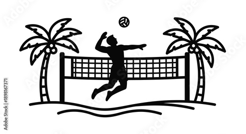 Beach volleyball player spiking a ball under palm trees silhouette