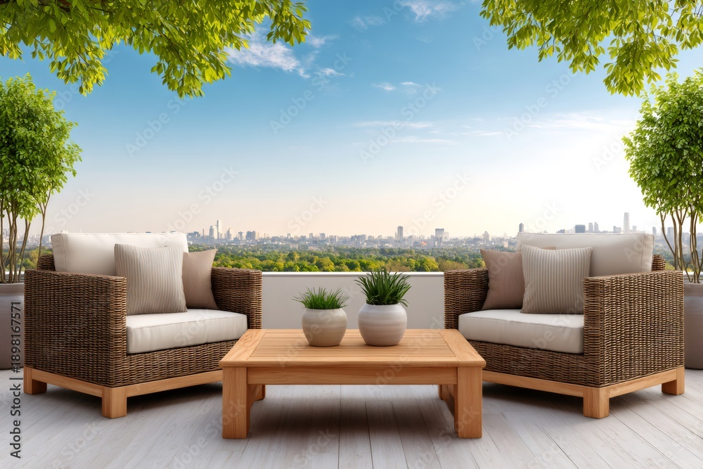 Fototapeta premium Rooftop terrace furniture with city skyline view