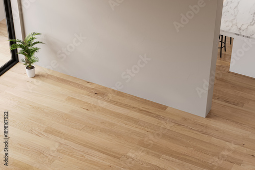 Canvastavla High angle view of minimalist interior with wooden floor and empty wall 3d rende
