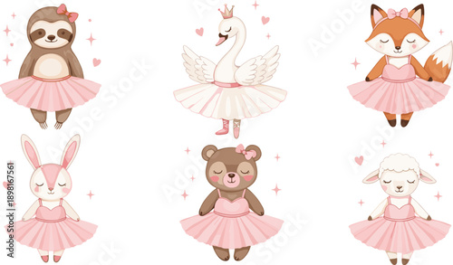 Cute Ballet Animal Cartoon Vector Illustration Set with Sloth, Swan, Fox, Bunny, Bear, and Lamb Wearing Pink Tutu Dresses for Kids Designs