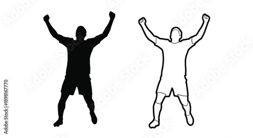 Two figures with arms raised one black and one white silhouette