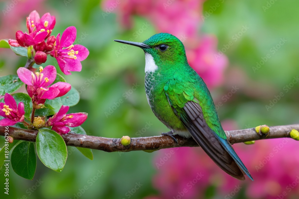 Obraz premium Hummingbird perching on branch with pink blossoms