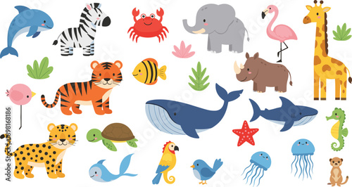 Cute Cartoon Animal Vector Illustration Set with Wild, Safari, Farm, and Sea Animals Including Dolphin, Tiger, Giraffe, Elephant, Whale, Bird, and Fish Characters