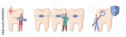 Toothache and pain relief, braces and correction, protection against cracks in tooth enamel. Vector little doctors with medical equipment treat large molars. Dental clinics, healthcare and diagnosis