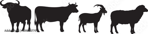 four animal silhouettes buffalo cow goat sheep