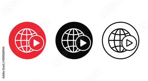 Set of three icons representing global web streaming media playback and online video access