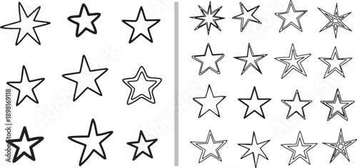 A comprehensive set of hand-drawn star doodles. Left side features simple bold black outlines, while the right side displays various intricate, multi-layered, and sketchy black line star designs.