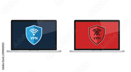 Two laptops display contrasting virtual private network connection status icons side by side.
