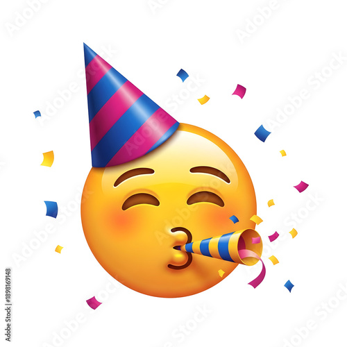 Happy celebration emoji blowing party horn with festive confetti widely scattered