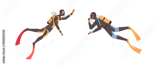 Water activities in summer or underwater exploration. Vector isolated characters wearing goggles and flippers swimming underwater. Scuba diving and snorkeling, active rest in resort in summertime