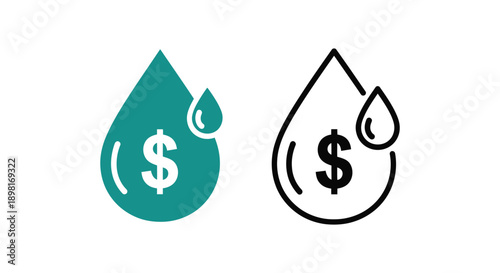 Water cost icon showing money inside a droplet in flat and outline styles