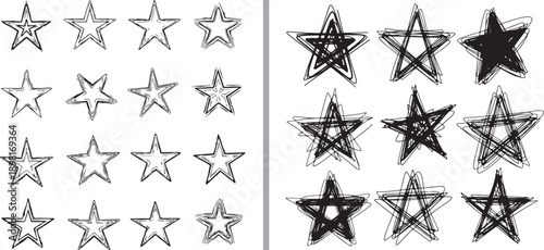 A collection of hand-drawn stars in black ink. Features two sets: clean, sketchy outlines and messy, densely scribbled stars with a bold, expressive texture.