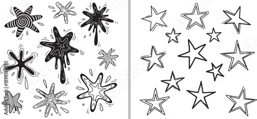 A creative collection of hand-drawn star doodles. The left side features bold black ink splats and liquid-style stars, while the right side displays clean, multi-layered black line star outlines.