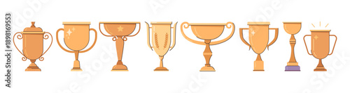 Prizes and awards, isolated golden trophies for winners and champions. Vector in flat style recognition for leadership or contest, ceremony of giving rewards. Goblets and cups with handles