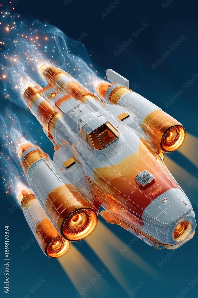 Fototapeta premium Futuristic orange and white space rocket with multiple thrusters soaring through a dark blue sky