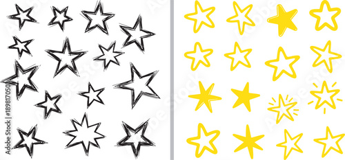 A collection of hand-drawn star doodles. The left side features sketchy black ink outlines, while the right side displays vibrant yellow stars with solid fills and playful sparkle accents.