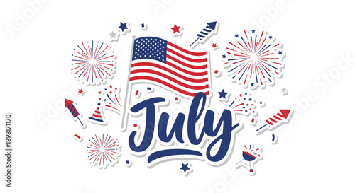 4th of July celebration vector illustration, American flag, fireworks, patriotic decoration, Independence Day banner or poster, isolated on transparent background, png
