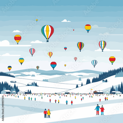 A vibrant hot air balloon festival taking place in a snowy winter landscape with many spectators on the ground.