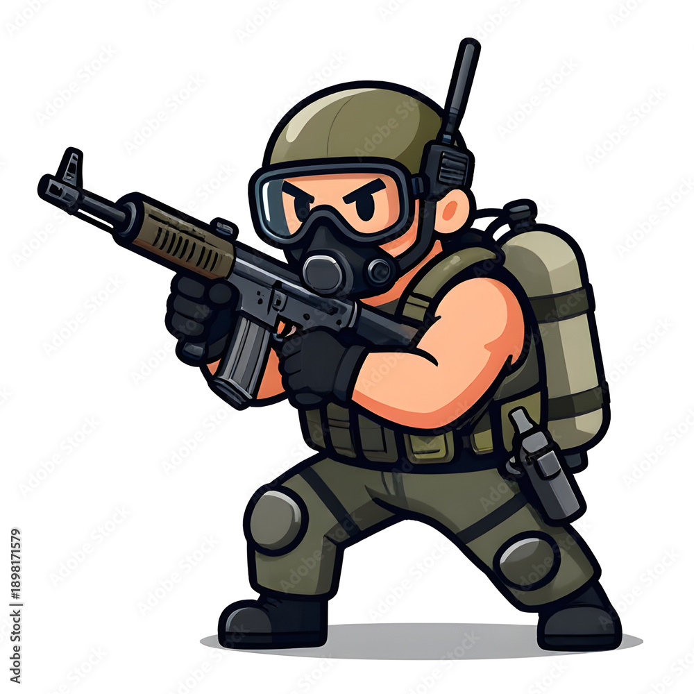 Obraz premium A sturdy special forces soldier with a combat weapon, fully equipped in special combat gear. Cartoon mascot, illustration, clean lines, flat design, modern, high quality