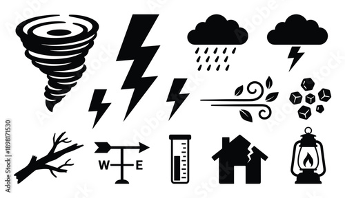 Weather calamities icons set. tornado lightning rain thunder wind tree branch broken