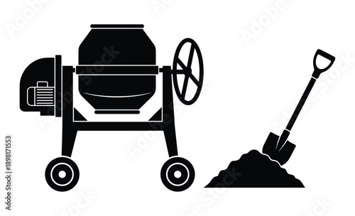 Concrete mixer and shovel with heap of sand and cement. construction equipment