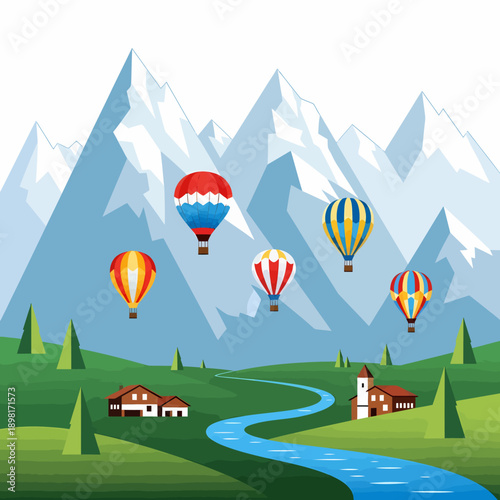Colorful hot air balloons floating over a picturesque mountain valley with a winding river and small houses.